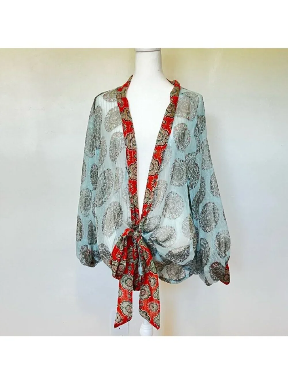 Free People Sheer Kantha Kimono Tie Front Boho Festival Top Shimmery Summer OS - Picture 2 of 7